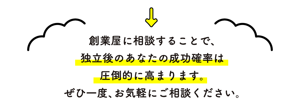 創業屋に相談することで、独立後のあなたの成功各理知は圧倒的に高まります。ぜひ一度、お気軽にご相談ください。